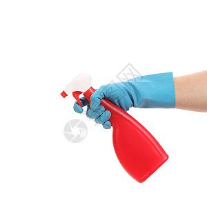 手套上手握着喷雾瓶塑料瓶子蓝色卫生液体洗涤工具清洁工消毒剂房子图片