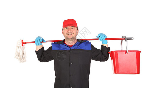 男人拿着扫帚和桶除尘器家务刷子拖把卫生家庭清洁工用具工人职业图片