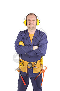 戴着耳罩和眼镜的自信工人身体工具男人服务工作工人扳手手筒橙子帽子图片