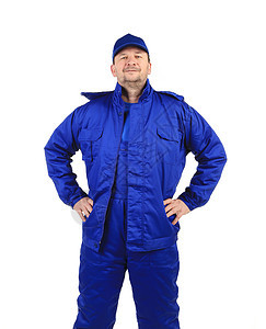 腰上有胳膊的工人蓝色套装衣服外套棉布裤子袖子兜帽纺织品男人图片