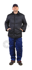 冬季工作服工人蓝色裤子棉布男性服装纺织品夹克口袋衣服外套图片
