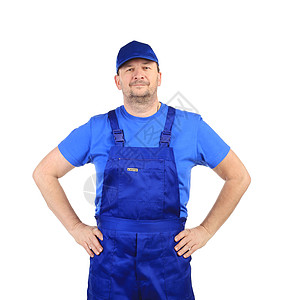 腰上有胳膊的工人男人兜帽工作服蓝色棉布夹克工作男性纺织品背心图片