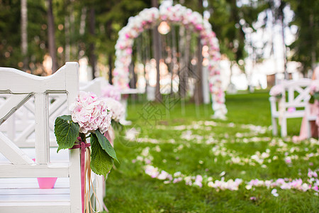 婚席和花堂供户外仪式使用太阳新娘花朵玫瑰花园入口花瓣服务婚姻场景图片