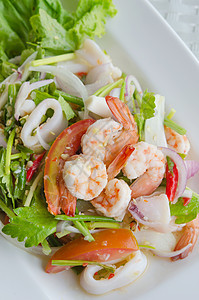 泰国辣辣沙拉蔬菜绿色沙拉洋葱乌贼海鲜盘子营养章鱼辣椒图片