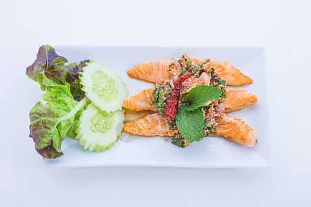 香辣鲑鱼柠檬海鲜营养油炸宴会盘子寿司蔬菜美食饮食图片