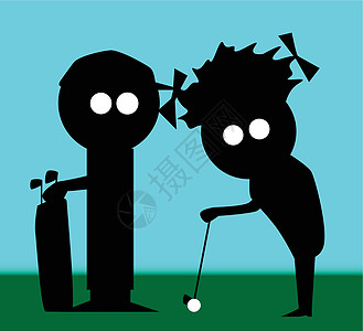 巴萨俱乐部高尔夫一对伙伴团队女朋友绿色球童黑色绘画艺术品女孩圆形插画