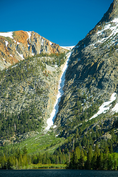 六月环湖爬坡树木岩石山脉季节季节性环形蓝色丘陵森林图片