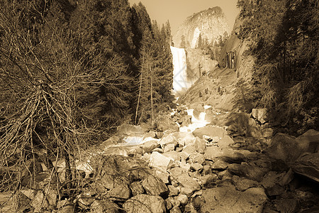 瀑布树木岩石森林季节目的地旅游场景摄影风景图片