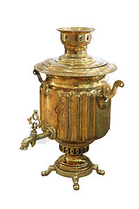 白色背景的俄罗斯老山马 与世隔绝艺术民间用具房子黄铜纪念品金属传统厨房茶壶图片