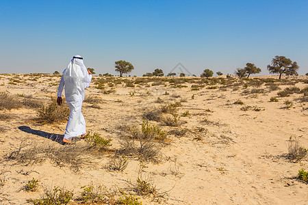 阿拉伯沙漠游客男人天空沙景男性沙丘艺术沙漠树木头巾图片