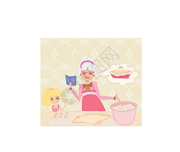 奶奶和外孙女一起烤饼干家务衣服房子厨师活动母亲家庭生活裙子面糊图片