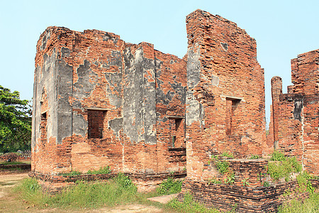 泰国Ayutthaya废旧寺庙历史石头建筑学佛塔旅游建筑雕塑崇拜蓝色文化图片