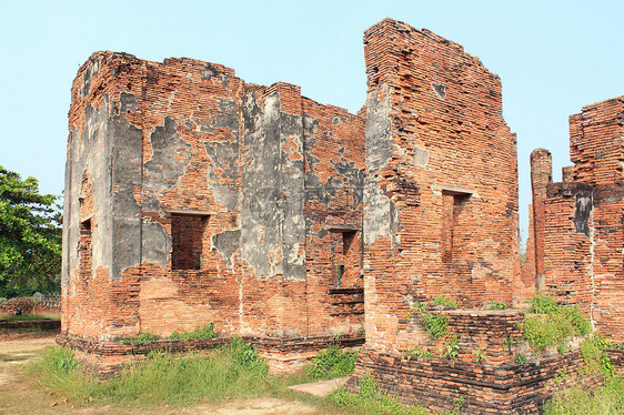 泰国Ayutthaya废旧寺庙历史石头建筑学佛塔旅游建筑雕塑崇拜蓝色文化图片