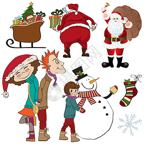 圣诞物品设置在白色背景上的孤立位置雪人喜悦收藏礼物雪橇卡通片夫妻季节女孩插图图片