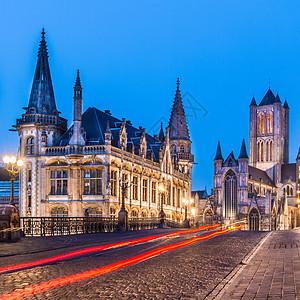 比利时 欧洲根特的莱河岸全景蓝色城市天空建筑纪念碑窗户大教堂绅士生活图片