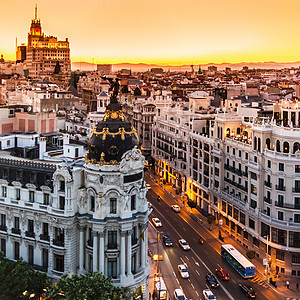 西班牙马德里 大Via全景纪念碑天际日落建筑学世界历史交通旅游景观橙子图片