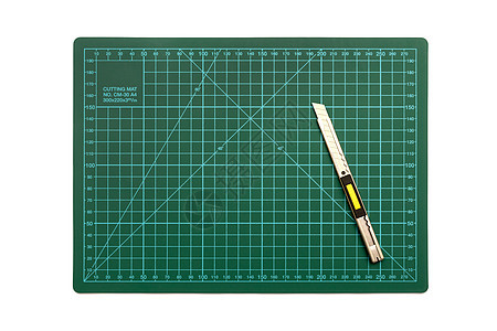 白色背景的绿色切开垫工具办公室宽度橡皮木板蓝图导游几何学广告牌金属图片