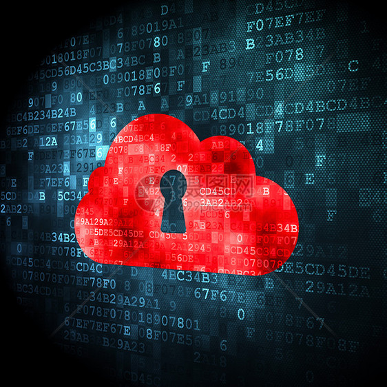 云计算概念云与数字背景上的锁孔屏幕网络互联网展示技术像素化高科技蓝色安全监视器图片