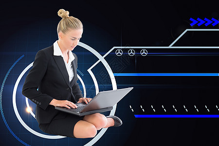 使用笔记本电脑的女商务人士综合图像网格计算机头发商务女性蓝色圆圈地面金发女郎技术图片