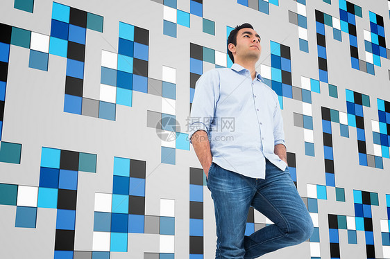混杂的无模无样的临时男子站立形象正方形绘图数字混血膝盖口袋双手衬衫黑色头发图片