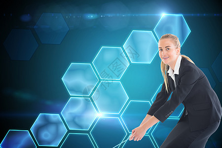 商业女商务人士拉绳子的复合形象几何蓝色计算机辉光头发职业女性人士套装六边形图片