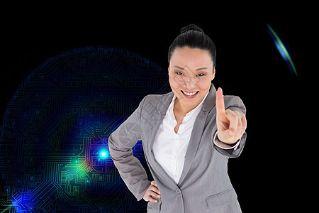 笑笑的亚洲女商务人士指着一副综合图像计算机职业棕色绘图商务女士微笑手指手势屏幕图片