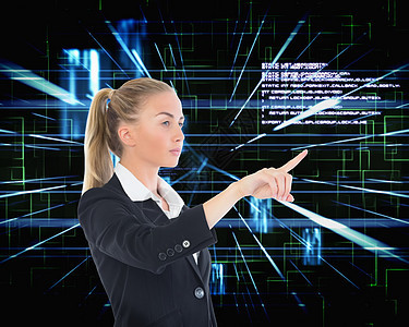 商业妇女指向某处的复合形象未来派女性线条浅色套装数字蓝色编程商务人士图片