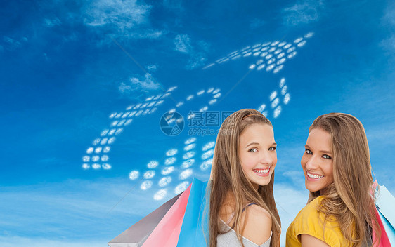 两名携带购物袋的青年妇女的综合形象图象青少年肩膀衣服零售云计算绘图蓝天长发女性微笑图片