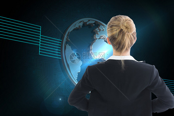 商业女商务人士的复合形象 她们用手站在臀部上蓝色范围套装双手世界线条头发计算机绘图女性图片