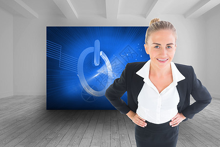 商业女商务人士的复合形象 她们用手站在臀部上金发职业屏幕蓝色灰色套装女性浅色绘图数字图片