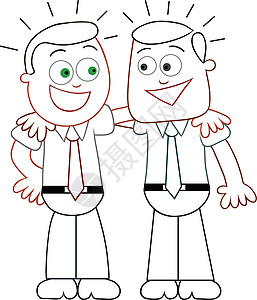 双臂围在彼此的肩膀上 看起来很快乐商务金融经济男人卡通片微笑人士套装老板工人图片