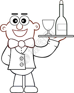与 Wine 卡通酒店的服务员托盘领结工作酒精奢华乐趣工人玻璃咖啡店漫画图片