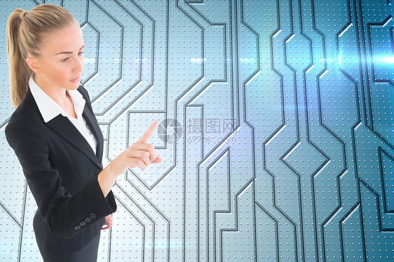 商业妇女指向某处的复合形象商务手指人士手势浅色蓝色计算机计算电路板头发图片