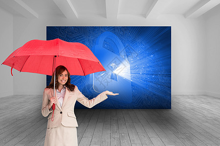 拥有伞子的快乐女商务人士的综合形象屏幕线条安全微笑职业技术计算棕色庇护所未来派图片