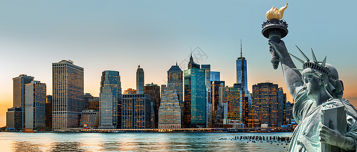 纽约市天线全景摩天大楼蓝色建筑城市建筑学场景反射旅行天空黄色图片