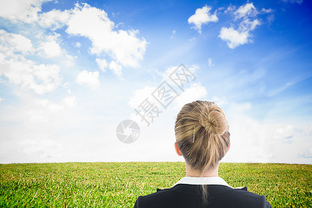 商业女商务人士的复合形象 她们用手站在臀部上蓝色人士女性场地计算机金发女郎金发绘图农村草原图片