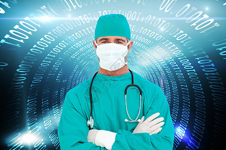 雄心勃勃的外科医生肖像综合图像男性双臂防护未来派技术手术手术帽磨砂膏线条职业图片