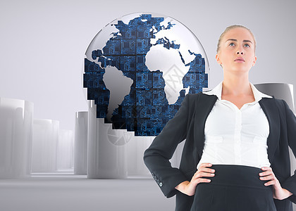 商业女商务人士的复合形象 她们用手站在臀部上圆柱金发头发女性全球浅色地球世界国际双手图片