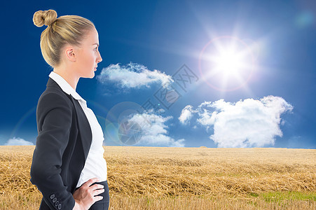 商业女商务人士的复合形象 她们用手站在臀部上天空蓝色人士太阳金发女郎头发商务晴天场地职业图片