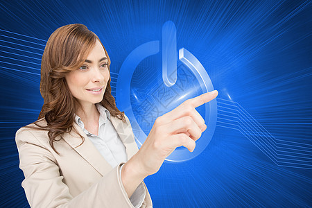 商业女商务人士的复合图像 按着隐形钥匙延伸商务推介会绘图按钮手臂女性快乐计算机手指图片