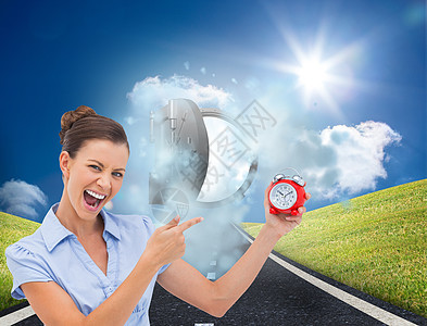 商业女商务人士的复合图像 显示闹钟黑色女士道路插图蓝天绘图开幕式多云计算机天空图片