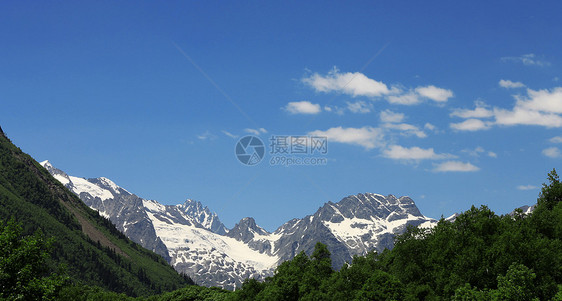 下方的青森林和绿林顶峰旅行木头森林岩石旅游树叶天空太阳季节图片