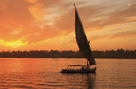 帆船夏令营Felucca船在日落时在尼罗河上航行 卢克索发动机天空血管巡航港口城市银行旅行帆船剪影背景