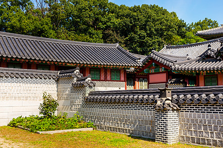 传统的韩国传统建筑结构皇帝丹青工作蓝色天空古董寺庙装饰品佛教徒文化图片