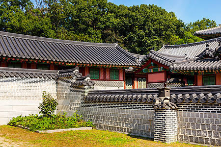 传统的韩国传统建筑结构皇帝丹青工作蓝色天空古董寺庙装饰品佛教徒文化图片