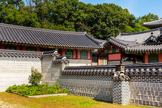 传统的韩国传统建筑结构皇帝丹青工作蓝色天空古董寺庙装饰品佛教徒文化图片