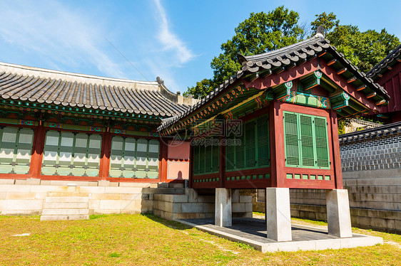 韩国传统建筑朝鲜传统建筑文化房子植物丹青历史装饰品蓝色寺庙雕塑水泥图片