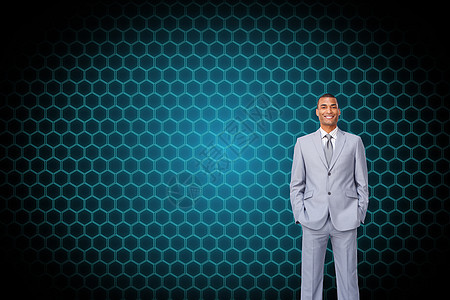吸引人 手插口袋的有吸引力的商务人士的综合形象男性计算机衬衫套装线条男人未来派混血商业蓝色图片