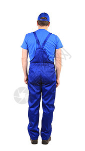 穿蓝制服的工人白色管道蓝色服务工作帽子靴子工业腰部身体图片