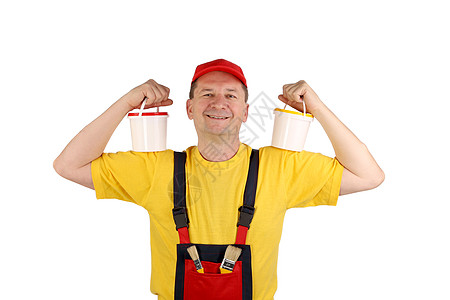 工人拿着两桶水工业员工橙子肩膀男人白色工具服务劳动建造图片